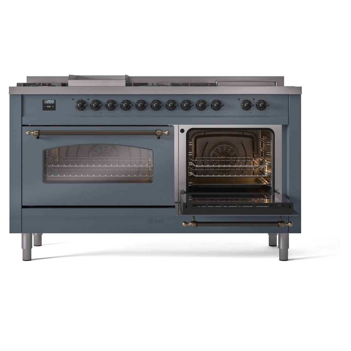 ILVE Nostalgie II 60-Inch Propane Gas Dual Fuel Range with 7 Burners, Griddle, & French Top with Triple Glass Door Oven in Blue Grey with Bronze Trim (UP60FSNMPBGBLP)