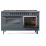 ILVE Nostalgie II 60-Inch Propane Gas Dual Fuel Range with 7 Burners, Griddle, & French Top with Triple Glass Door Oven in Blue Grey with Bronze Trim (UP60FSNMPBGBLP)