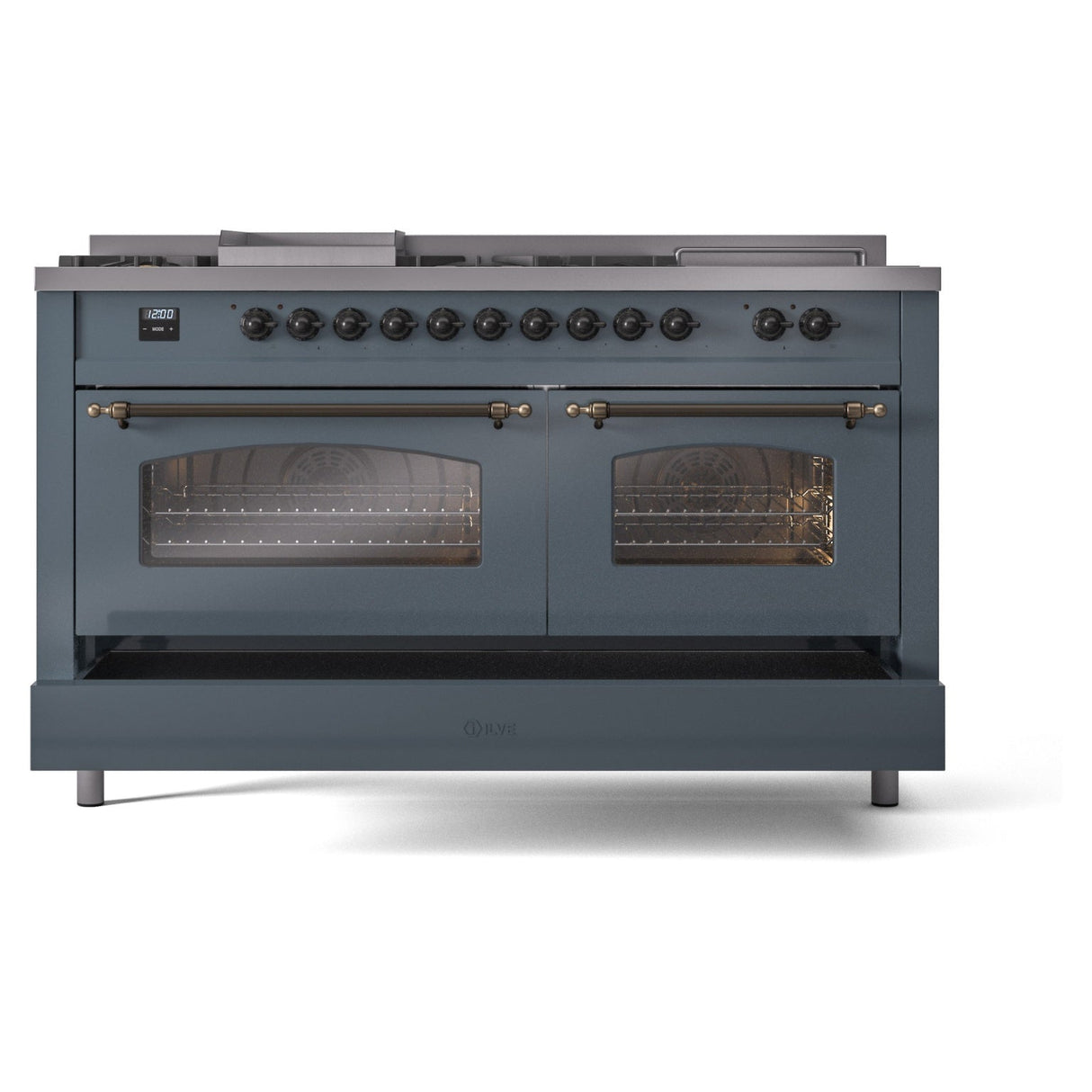 ILVE Nostalgie II 60-Inch Propane Gas Dual Fuel Range with 7 Burners, Griddle, & French Top with Triple Glass Door Oven in Blue Grey with Bronze Trim (UP60FSNMPBGBLP)
