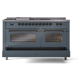 ILVE Nostalgie II 60-Inch Propane Gas Dual Fuel Range with 7 Burners, Griddle, & French Top with Triple Glass Door Oven in Blue Grey with Bronze Trim (UP60FSNMPBGBLP)