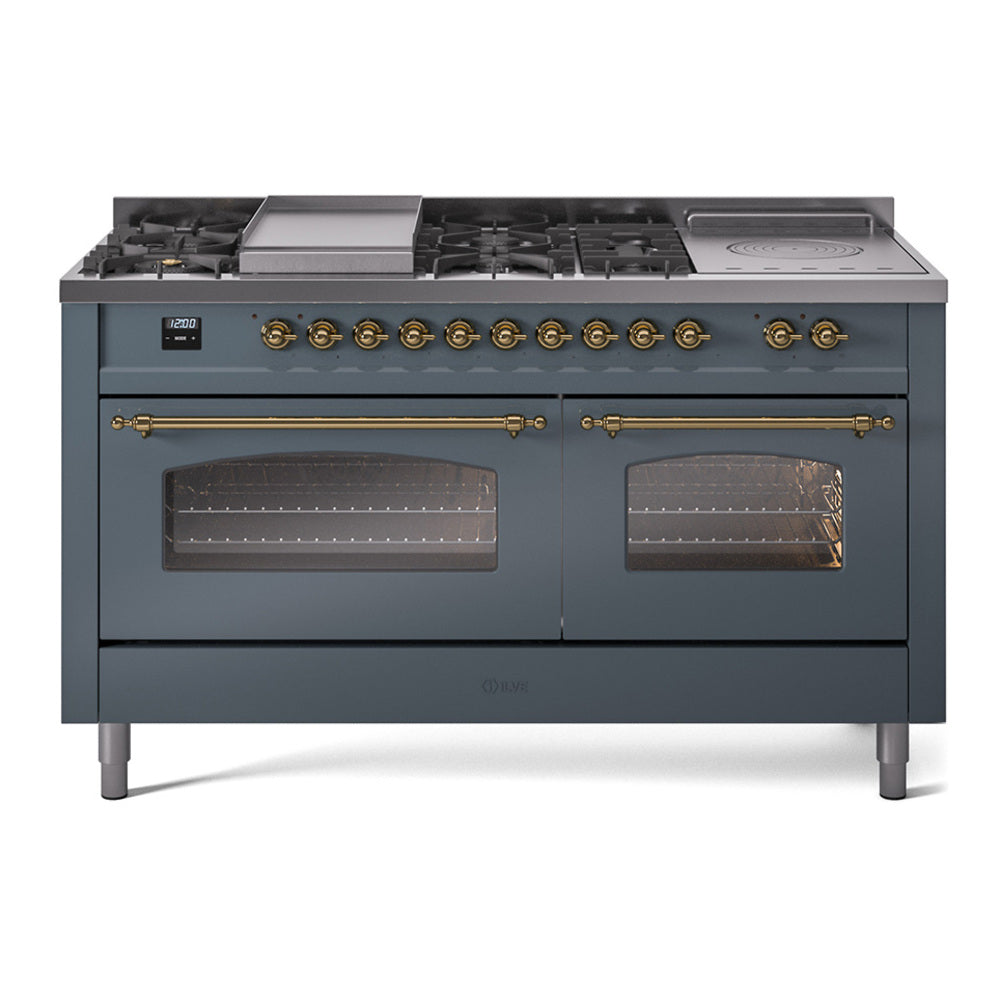 ILVE Nostalgie II 60-Inch Propane Gas Dual Fuel Range with 7 Burners, Griddle, & French Top with Triple Glass Door Oven in Blue Grey with Brass Trim (UP60FSNMPBGGLP)