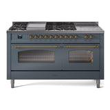 ILVE Nostalgie II 60-Inch Propane Gas Dual Fuel Range with 7 Burners, Griddle, & French Top with Triple Glass Door Oven in Blue Grey with Brass Trim (UP60FSNMPBGGLP)