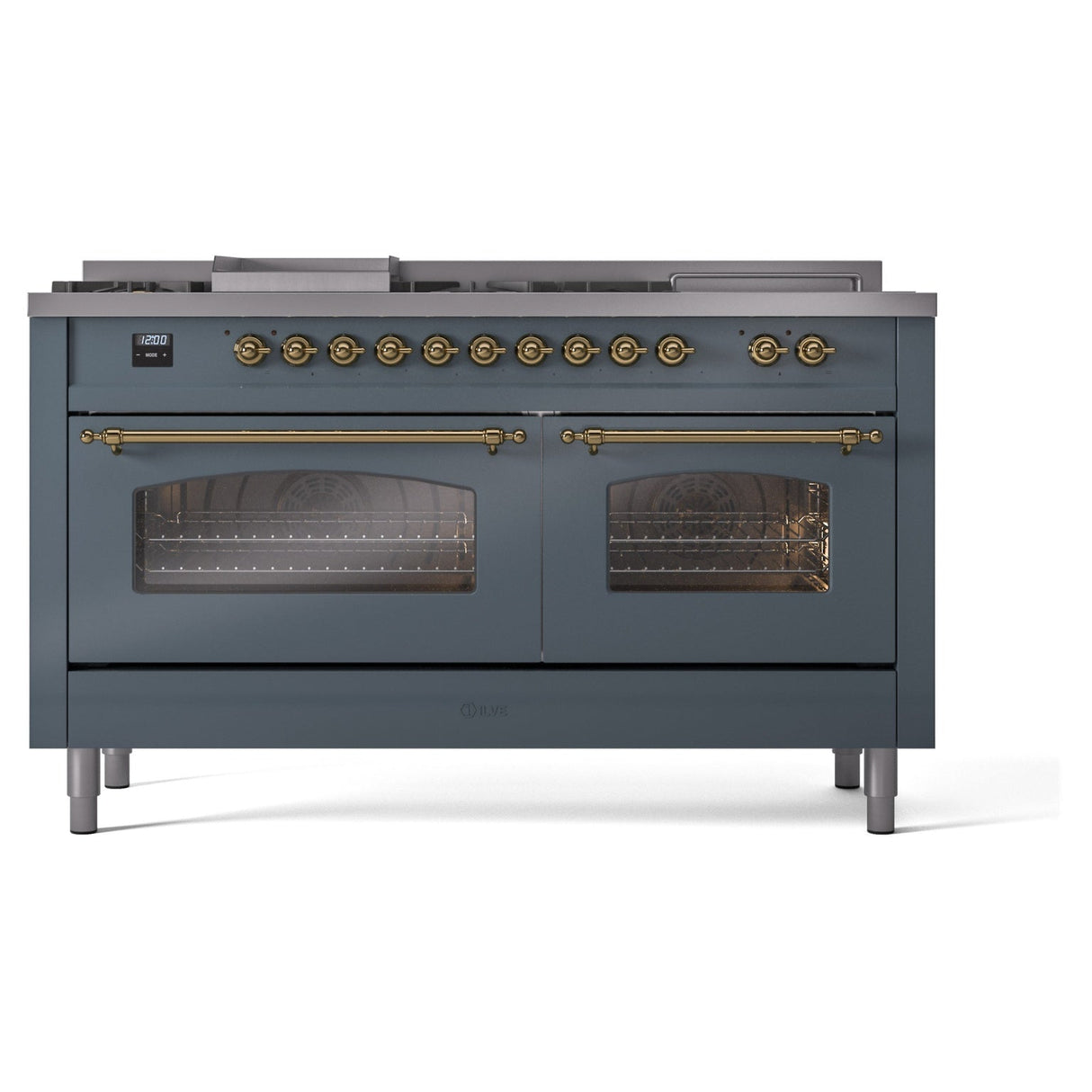 ILVE Nostalgie II 60-Inch Propane Gas Dual Fuel Range with 7 Burners, Griddle, & French Top with Triple Glass Door Oven in Blue Grey with Brass Trim (UP60FSNMPBGGLP)