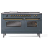 ILVE Nostalgie II 60-Inch Propane Gas Dual Fuel Range with 7 Burners, Griddle, & French Top with Triple Glass Door Oven in Blue Grey with Brass Trim (UP60FSNMPBGGLP)