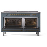 ILVE Nostalgie II 60-Inch Propane Gas Dual Fuel Range with 7 Burners, Griddle, & French Top with Triple Glass Door Oven in Blue Grey with Brass Trim (UP60FSNMPBGGLP)