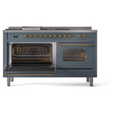 ILVE Nostalgie II 60-Inch Propane Gas Dual Fuel Range with 7 Burners, Griddle, & French Top with Triple Glass Door Oven in Blue Grey with Brass Trim (UP60FSNMPBGGLP)