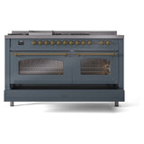 ILVE Nostalgie II 60-Inch Propane Gas Dual Fuel Range with 7 Burners, Griddle, & French Top with Triple Glass Door Oven in Blue Grey with Brass Trim (UP60FSNMPBGGLP)