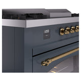 ILVE Nostalgie II 60-Inch Propane Gas Dual Fuel Range with 7 Burners, Griddle, & French Top with Triple Glass Door Oven in Blue Grey with Brass Trim (UP60FSNMPBGGLP)