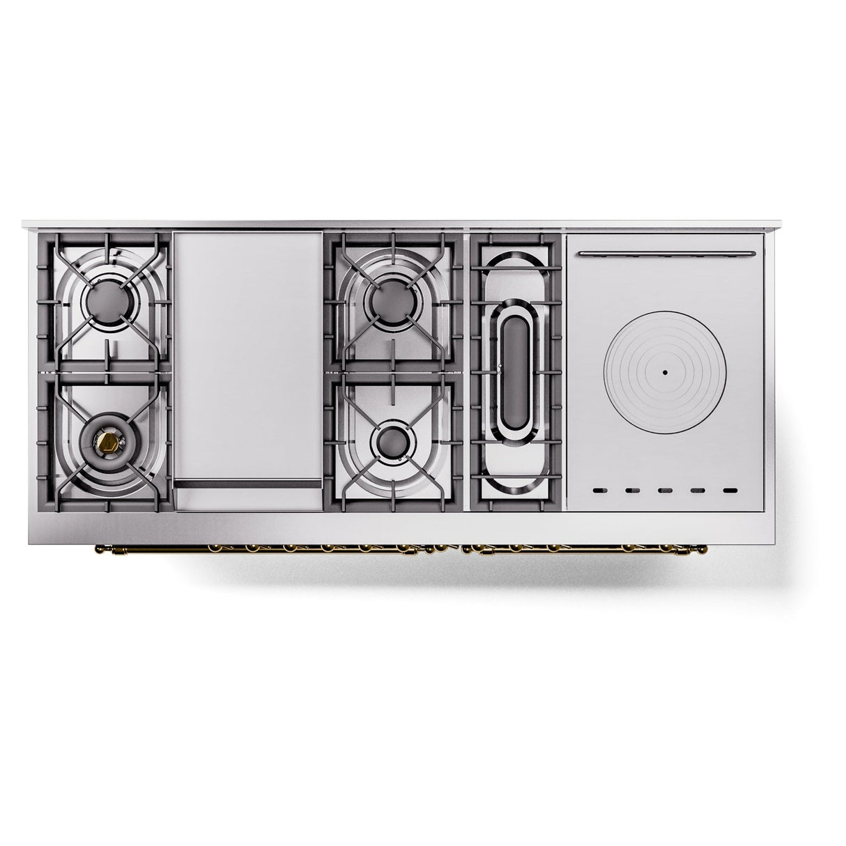 ILVE Nostalgie II 60-Inch Propane Gas Dual Fuel Range with 7 Burners, Griddle, & French Top with Triple Glass Door Oven in Blue Grey with Brass Trim (UP60FSNMPBGGLP)