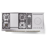 ILVE Nostalgie II 60-Inch Propane Gas Dual Fuel Range with 7 Burners, Griddle, & French Top with Triple Glass Door Oven in Blue Grey with Brass Trim (UP60FSNMPBGGLP)