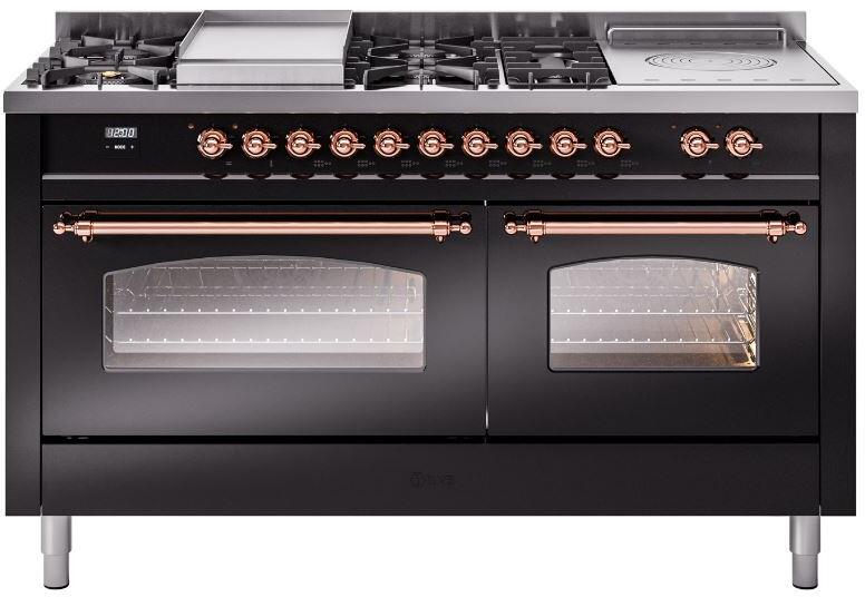 ILVE Nostalgie II 60-Inch Propane Gas Dual Fuel Range with 7 Burners, Griddle, & French Top with Triple Glass Door Oven in Glossy Black with Copper Trim (UP60FSNMPBKPLP)