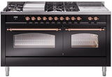 ILVE Nostalgie II 60-Inch Propane Gas Dual Fuel Range with 7 Burners, Griddle, & French Top with Triple Glass Door Oven in Glossy Black with Copper Trim (UP60FSNMPBKPLP)