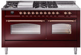 ILVE Nostalgie II 60-Inch Propane Gas Dual Fuel Range with 7 Burners, Griddle, & French Top with Triple Glass Door Oven in Burgundy with Copper Trim (UP60FSNMPBUPLP)