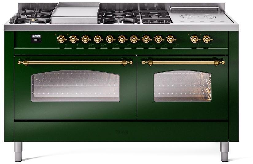ILVE Nostalgie II 60-Inch Natural Gas Dual Fuel Range with 7 Burners, Griddle, & French Top with Triple Glass Door Oven in Emerald Green with Brass Trim (UP60FSNMPEGG)