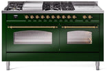 ILVE Nostalgie II 60-Inch Natural Gas Dual Fuel Range with 7 Burners, Griddle, & French Top with Triple Glass Door Oven in Emerald Green with Brass Trim (UP60FSNMPEGG)