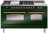 ILVE Nostalgie II 60-Inch Natural Gas Dual Fuel Range with 7 Burners, Griddle, & French Top with Triple Glass Door Oven in Emerald Green with Copper Trim (UP60FSNMPEGP)