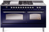 ILVE Nostalgie II 60-Inch Propane Gas Dual Fuel Range with 7 Burners, Griddle, & French Top with Triple Glass Door Oven in Midnight Blue with Chrome Trim (UP60FSNMPMBCLP)