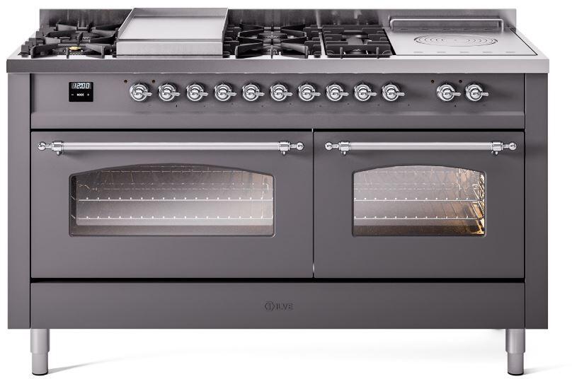 ILVE Nostalgie II 60-Inch Propane Gas Dual Fuel Range with 7 Burners, Griddle, & French Top with Triple Glass Door Oven in Matte Graphite with Chrome Trim (UP60FSNMPMGCLP)