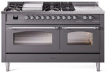 ILVE Nostalgie II 60-Inch Propane Gas Dual Fuel Range with 7 Burners, Griddle, & French Top with Triple Glass Door Oven in Matte Graphite with Chrome Trim (UP60FSNMPMGCLP)