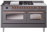 ILVE Nostalgie II 60-Inch Propane Gas Dual Fuel Range with 7 Burners, Griddle, & French Top with Triple Glass Door Oven in Matte Graphite with Copper Trim (UP60FSNMPMGPLP)