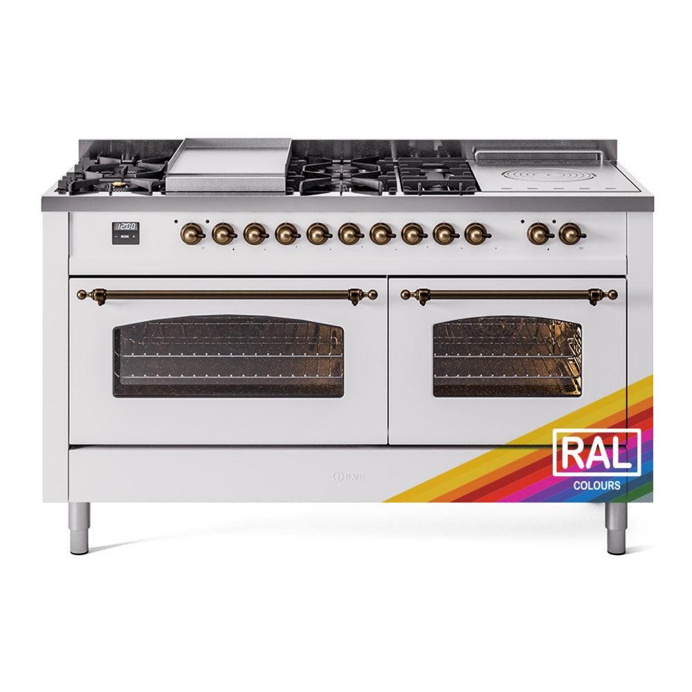 ILVE Nostalgie II 60-Inch Natural Gas Dual Fuel Range with 7 Burners, Griddle, & French Top with Triple Glass Door Oven in Custom RAL with Bronze Trim (UP60FSNMPRAB)
