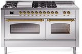 ILVE Nostalgie II 60-Inch Natural Gas Dual Fuel Range with 7 Burners, Griddle, & French Top with Triple Glass Door Oven in Stainless Steel with Brass Trim (UP60FSNMPSSG)
