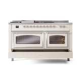 ILVE 60-Inch Nostalgie II Noblesse Natural Gas Dual Fuel Range with 7 Sealed Burners, Griddle, French Top and Triple Glass Door Oven in Antique White with Chrome Trim (UN60FSNMPAWC)