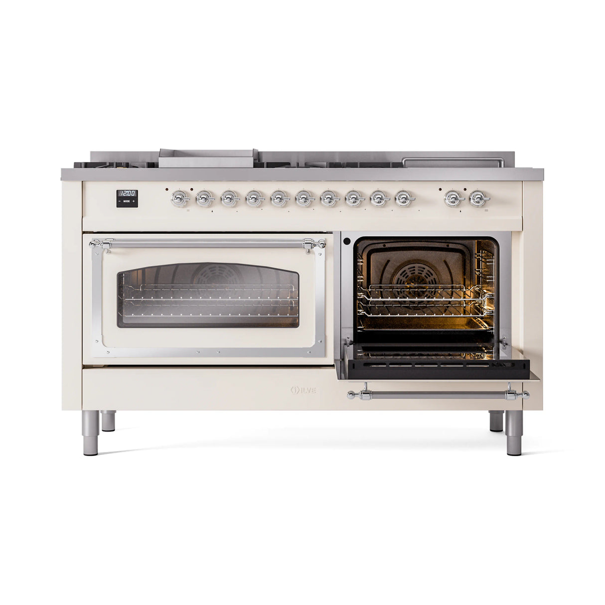 ILVE 60-Inch Nostalgie II Noblesse Natural Gas Dual Fuel Range with 7 Sealed Burners, Griddle, French Top and Triple Glass Door Oven in Antique White with Chrome Trim (UN60FSNMPAWC)