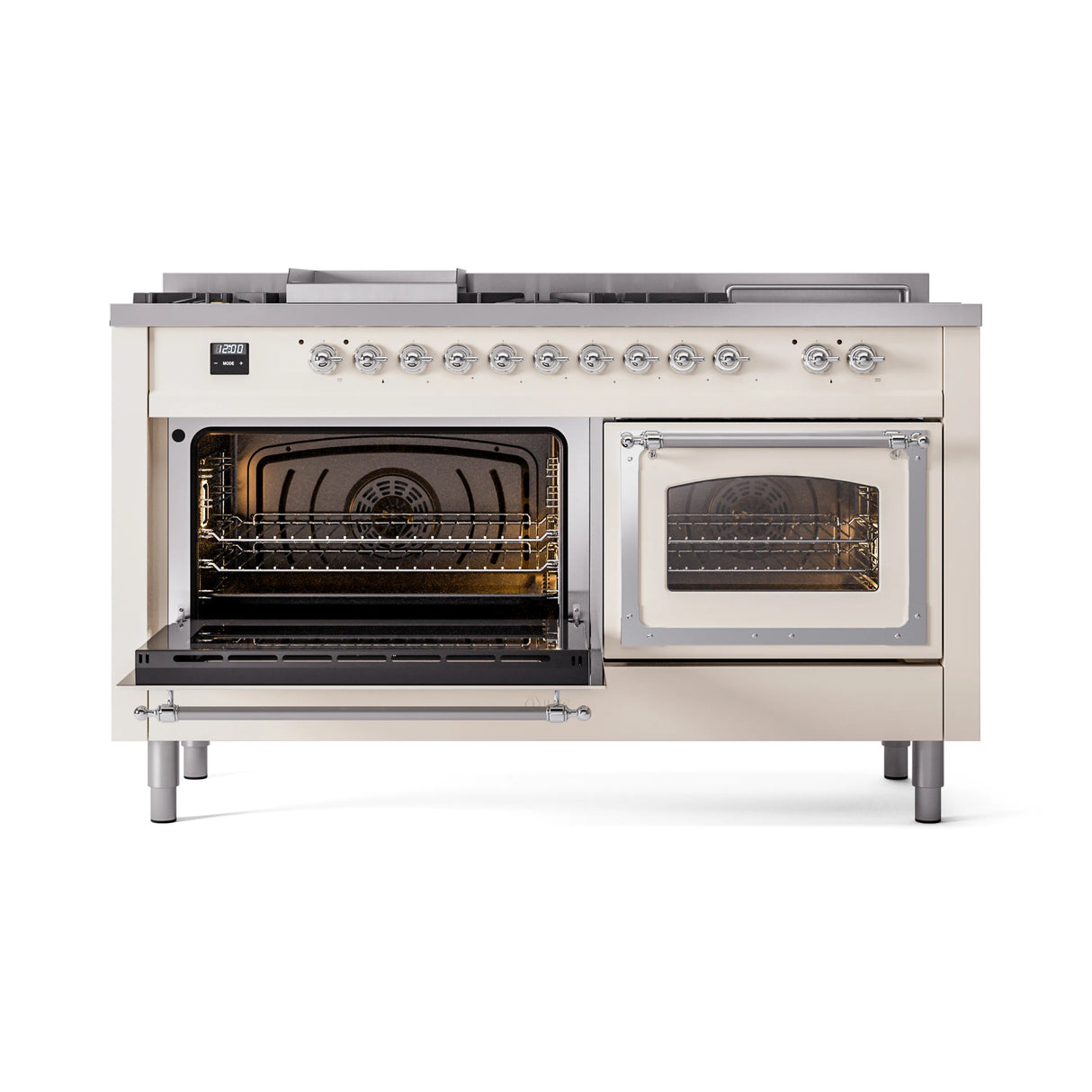 ILVE 60-Inch Nostalgie II Noblesse Natural Gas Dual Fuel Range with 7 Sealed Burners, Griddle, French Top and Triple Glass Door Oven in Antique White with Chrome Trim (UN60FSNMPAWC)