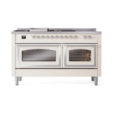ILVE 60-Inch Nostalgie II Noblesse Natural Gas Dual Fuel Range with 7 Sealed Burners, Griddle, French Top and Triple Glass Door Oven in Antique White with Chrome Trim (UN60FSNMPAWC)