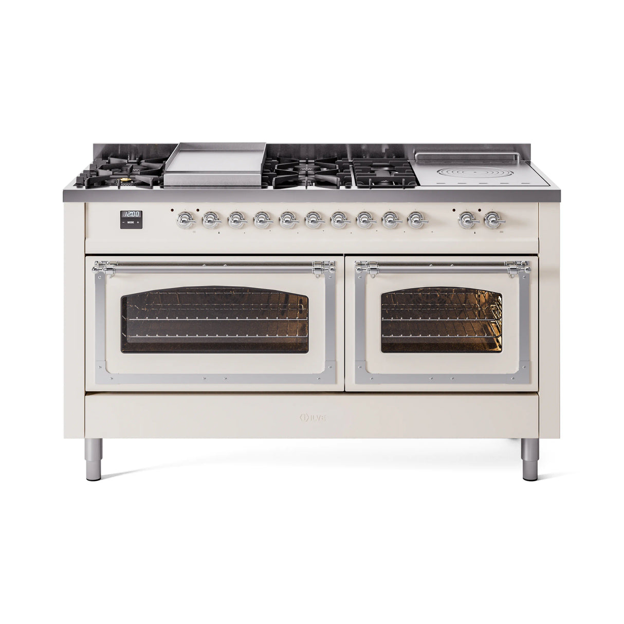 ILVE 60-Inch Nostalgie II Noblesse Natural Gas Dual Fuel Range with 7 Sealed Burners, Griddle, French Top and Triple Glass Door Oven in Antique White with Chrome Trim (UN60FSNMPAWC)