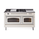 ILVE 60-Inch Nostalgie II Noblesse Natural Gas Dual Fuel Range with 7 Sealed Burners, Griddle, French Top and Triple Glass Door Oven in Antique White with Chrome Trim (UN60FSNMPAWC)