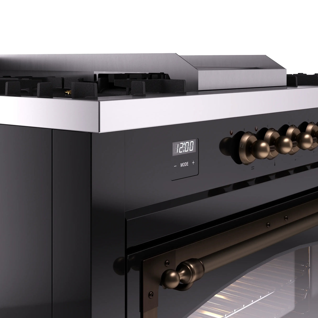 ILVE 60-Inch Nostalgie II Noblesse Natural Gas Dual Fuel Range with 7 Sealed Burners, Griddle, French Top and Triple Glass Door Oven in Glossy Black with Bronze Trim (UN60FSNMPBKB)