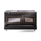 ILVE 60-Inch Nostalgie II Noblesse Natural Gas Dual Fuel Range with 7 Sealed Burners, Griddle, French Top and Triple Glass Door Oven in Glossy Black with Bronze Trim (UN60FSNMPBKB)