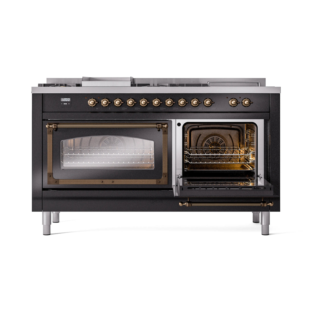 ILVE 60-Inch Nostalgie II Noblesse Natural Gas Dual Fuel Range with 7 Sealed Burners, Griddle, French Top and Triple Glass Door Oven in Glossy Black with Bronze Trim (UN60FSNMPBKB)