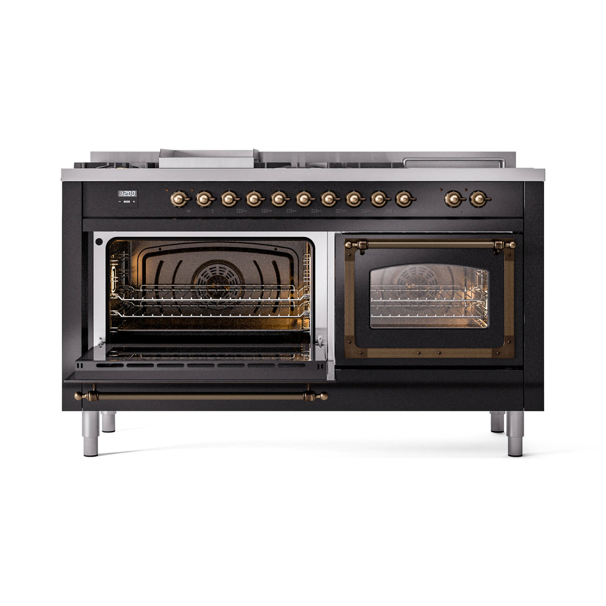 ILVE 60-Inch Nostalgie II Noblesse Natural Gas Dual Fuel Range with 7 Sealed Burners, Griddle, French Top and Triple Glass Door Oven in Glossy Black with Bronze Trim (UN60FSNMPBKB)