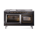 ILVE 60-Inch Nostalgie II Noblesse Natural Gas Dual Fuel Range with 7 Sealed Burners, Griddle, French Top and Triple Glass Door Oven in Glossy Black with Bronze Trim (UN60FSNMPBKB)