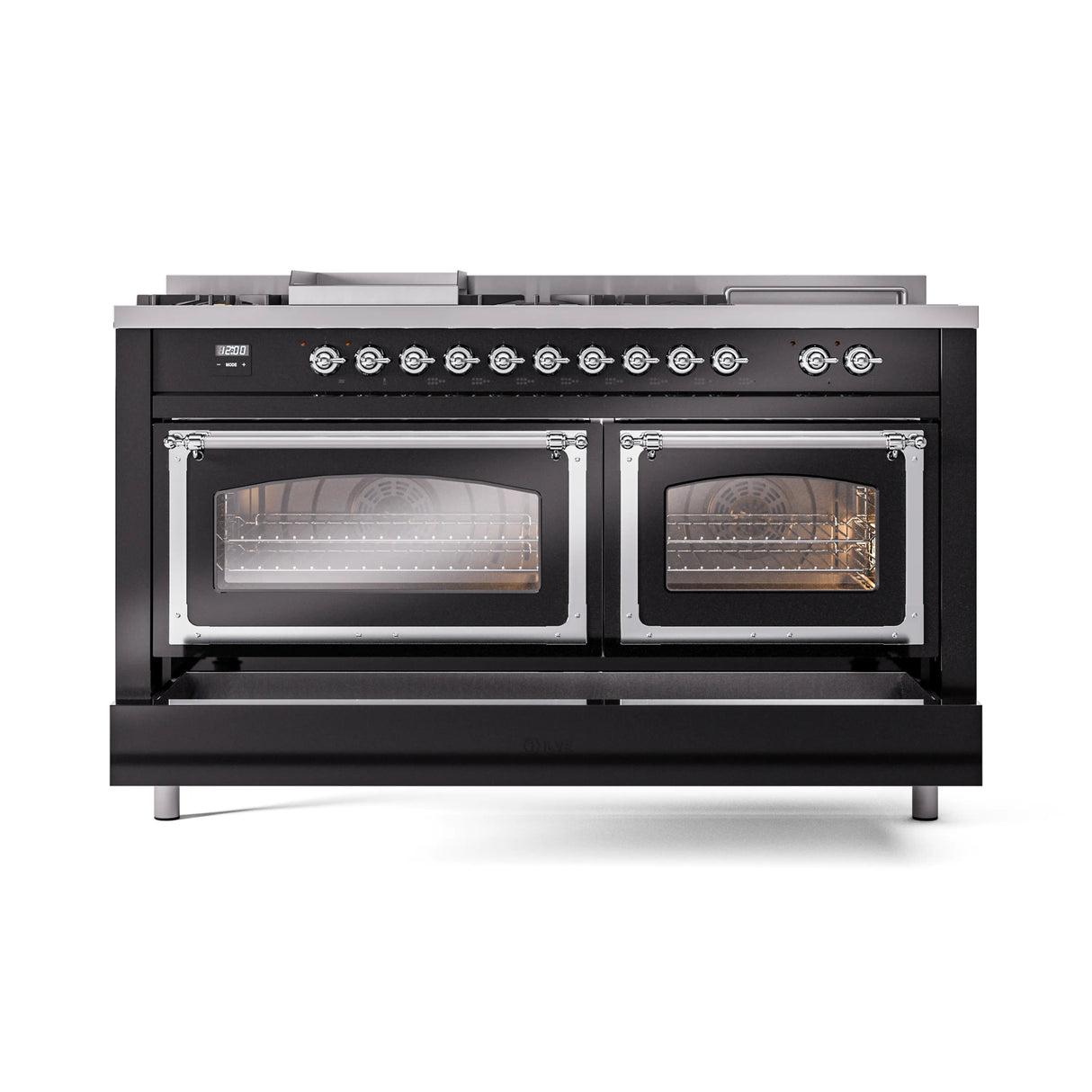 ILVE 60-Inch Nostalgie II Noblesse Natural Gas Dual Fuel Range with 7 Sealed Burners, Griddle, French Top and Triple Glass Door Oven in Glossy Black with Chrome Trim (UN60FSNMPBKC)