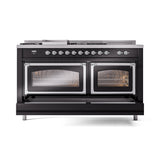 ILVE 60-Inch Nostalgie II Noblesse Natural Gas Dual Fuel Range with 7 Sealed Burners, Griddle, French Top and Triple Glass Door Oven in Glossy Black with Chrome Trim (UN60FSNMPBKC)