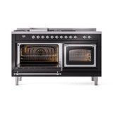 ILVE 60-Inch Nostalgie II Noblesse Natural Gas Dual Fuel Range with 7 Sealed Burners, Griddle, French Top and Triple Glass Door Oven in Glossy Black with Chrome Trim (UN60FSNMPBKC)