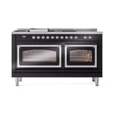 ILVE 60-Inch Nostalgie II Noblesse Natural Gas Dual Fuel Range with 7 Sealed Burners, Griddle, French Top and Triple Glass Door Oven in Glossy Black with Chrome Trim (UN60FSNMPBKC)