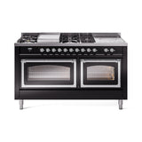 ILVE 60-Inch Nostalgie II Noblesse Natural Gas Dual Fuel Range with 7 Sealed Burners, Griddle, French Top and Triple Glass Door Oven in Glossy Black with Chrome Trim (UN60FSNMPBKC)