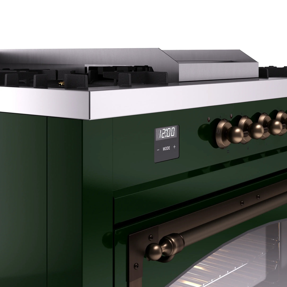 ILVE 60-Inch Nostalgie II Noblesse Natural Gas Dual Fuel Range with 7 Sealed Burners, Griddle, French Top, and Triple Glass Door Oven in Emerald Green with Bronze Trim (UN60FSNMPEGB)