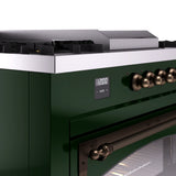 ILVE 60-Inch Nostalgie II Noblesse Natural Gas Dual Fuel Range with 7 Sealed Burners, Griddle, French Top, and Triple Glass Door Oven in Emerald Green with Bronze Trim (UN60FSNMPEGB)