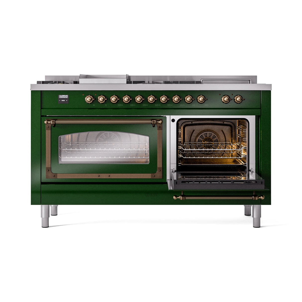 ILVE 60-Inch Nostalgie II Noblesse Natural Gas Dual Fuel Range with 7 Sealed Burners, Griddle, French Top, and Triple Glass Door Oven in Emerald Green with Bronze Trim (UN60FSNMPEGB)
