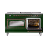 ILVE 60-Inch Nostalgie II Noblesse Natural Gas Dual Fuel Range with 7 Sealed Burners, Griddle, French Top, and Triple Glass Door Oven in Emerald Green with Bronze Trim (UN60FSNMPEGB)