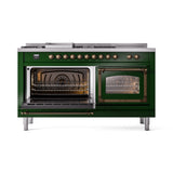 ILVE 60-Inch Nostalgie II Noblesse Natural Gas Dual Fuel Range with 7 Sealed Burners, Griddle, French Top, and Triple Glass Door Oven in Emerald Green with Bronze Trim (UN60FSNMPEGB)