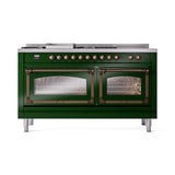 ILVE 60-Inch Nostalgie II Noblesse Natural Gas Dual Fuel Range with 7 Sealed Burners, Griddle, French Top, and Triple Glass Door Oven in Emerald Green with Bronze Trim (UN60FSNMPEGB)