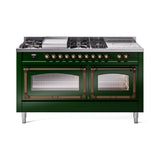 ILVE 60-Inch Nostalgie II Noblesse Natural Gas Dual Fuel Range with 7 Sealed Burners, Griddle, French Top, and Triple Glass Door Oven in Emerald Green with Bronze Trim (UN60FSNMPEGB)