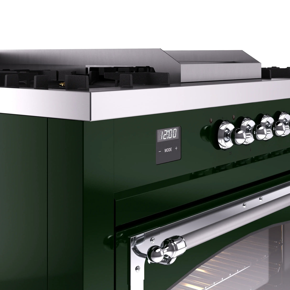 ILVE 60-Inch Nostalgie II Noblesse Natural Gas Dual Fuel Range with 7 Sealed Burners, Griddle, French Top, and Triple Glass Door Oven in Emerald Green with Chrome Trim (UN60FSNMPEGC)